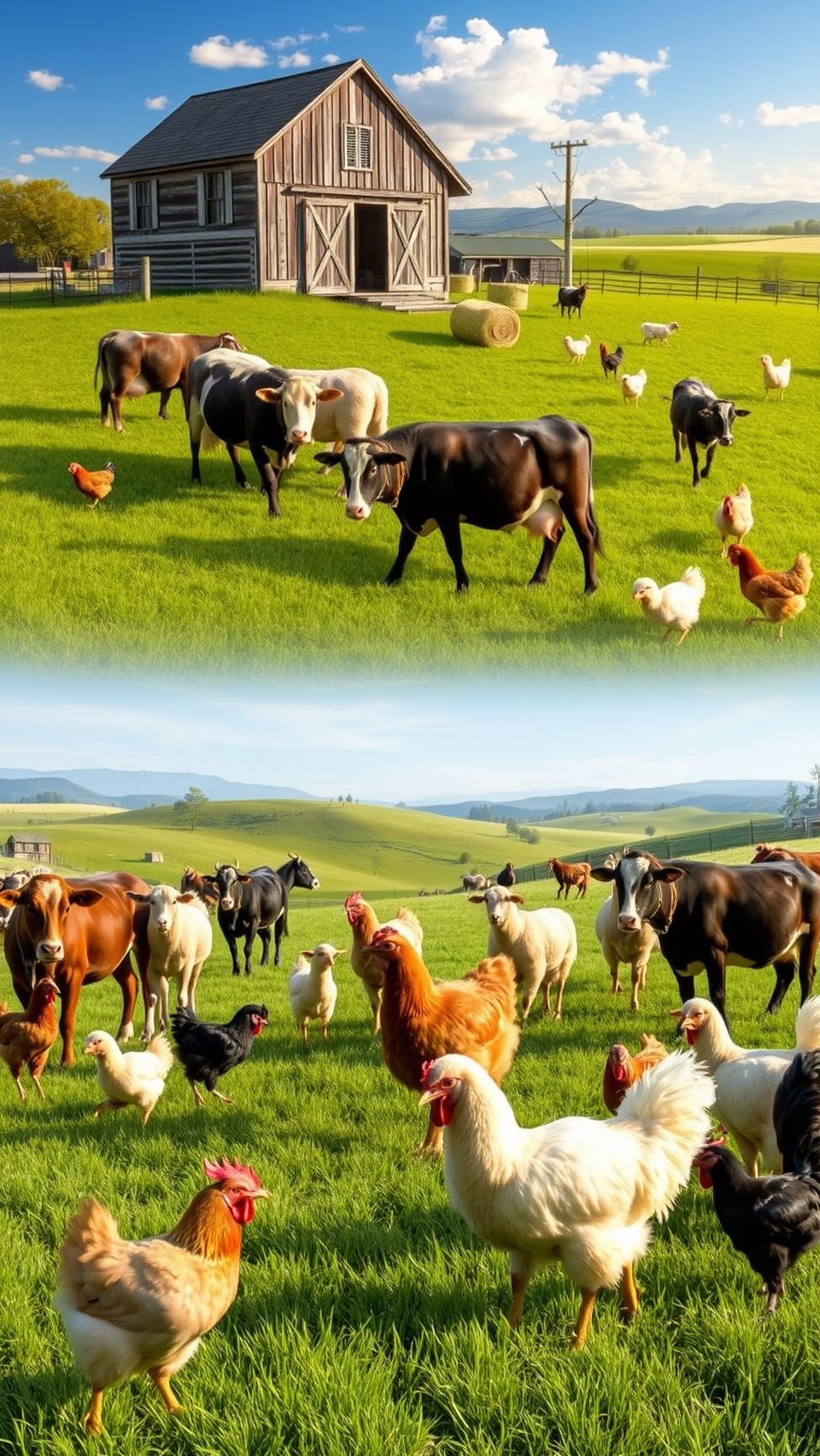 Farm animals including cows, chickens, and a barn on a lush green field with rolling hills.