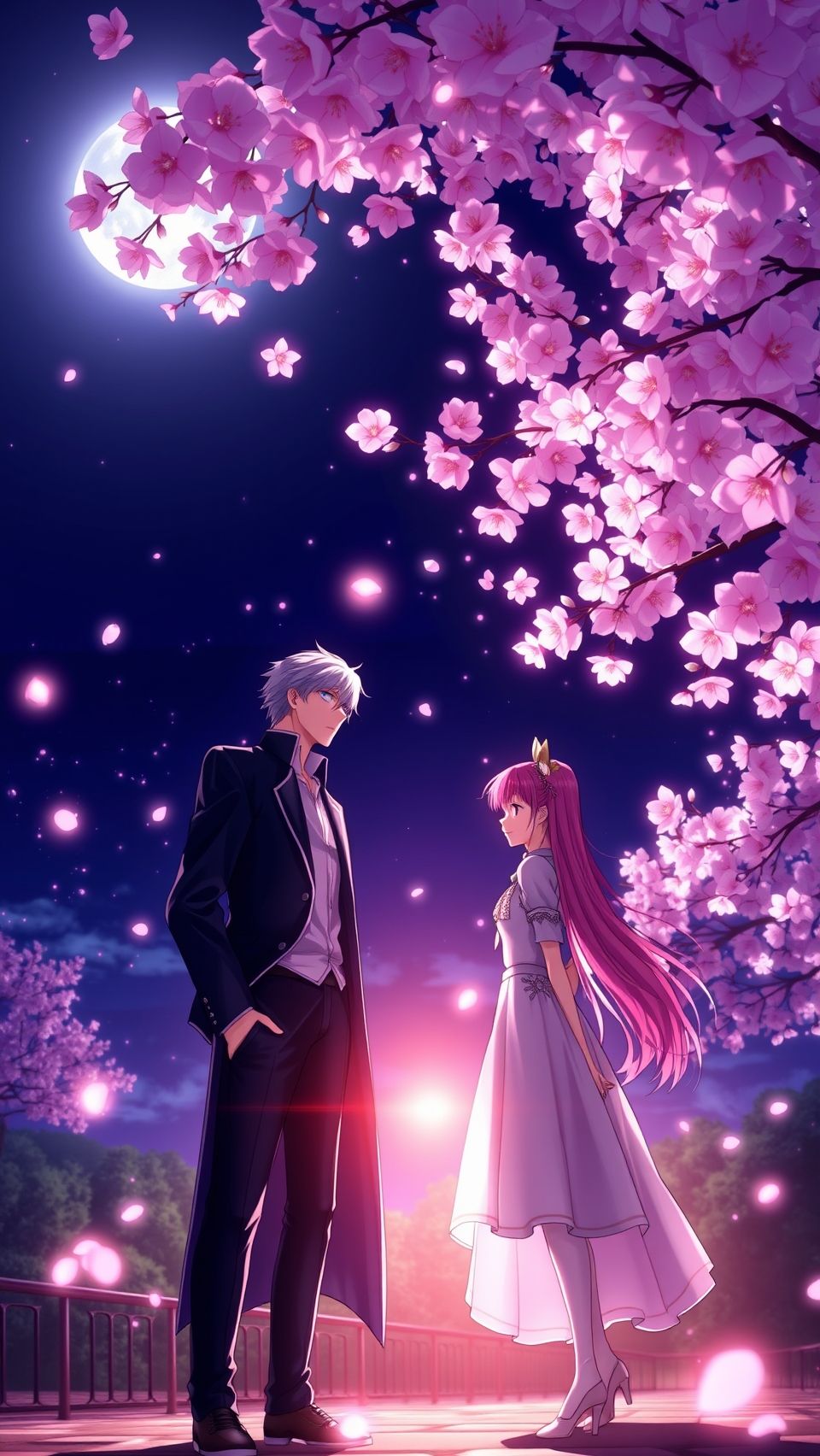 Fate Stay Night Heaven’s Feel anime couple romantic moonlight scene with cherry blossoms wallpaper
