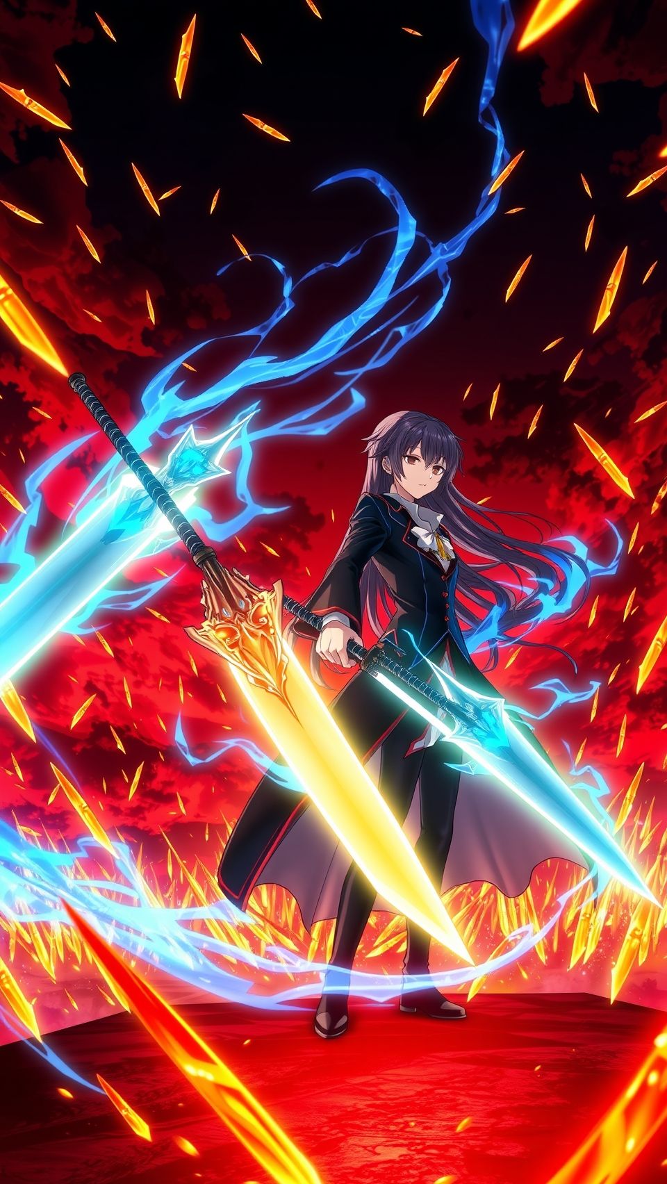 Fate Stay Night Unlimited Blade Works anime wallpaper featuring character wielding dual glowing swords in fiery battle