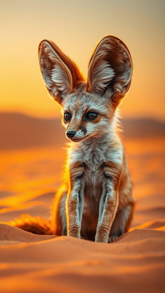 Ultra realistic fennec fox sitting on golden desert sand during warm sunset view
