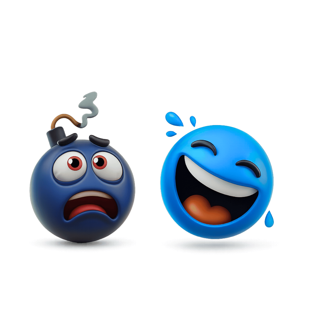 Fizzled fuse bomb emoji with scared face beside laughing 3D blue emoji