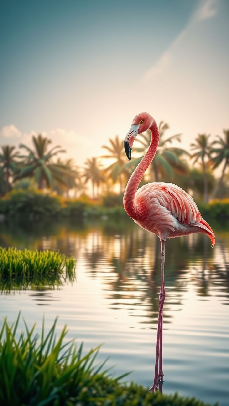 A serene flamingo standing gracefully near a tranquil water body surrounded by lush greenery