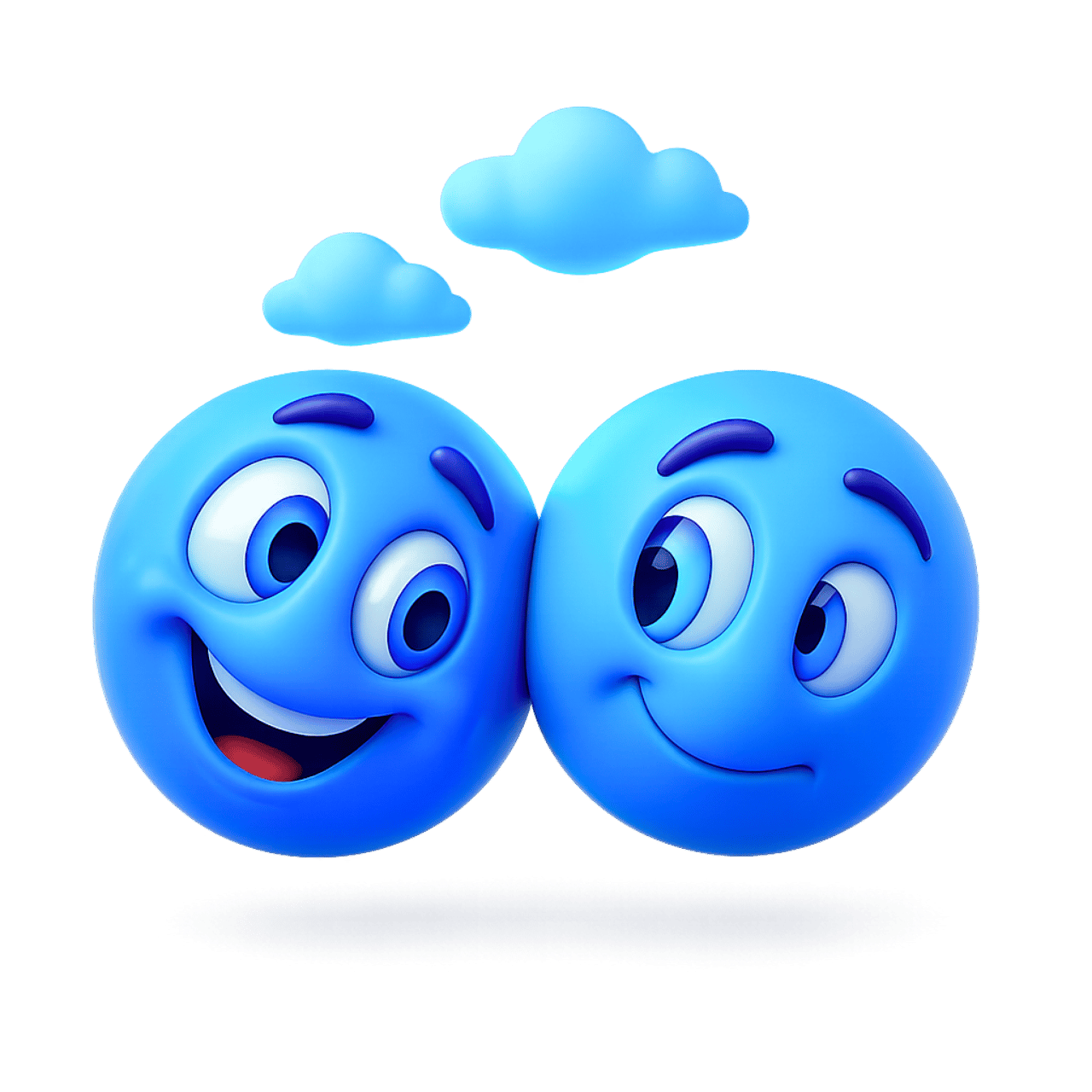 3D blue flatterer emoticon emoji with happy smiling faces and clouds on transparent background