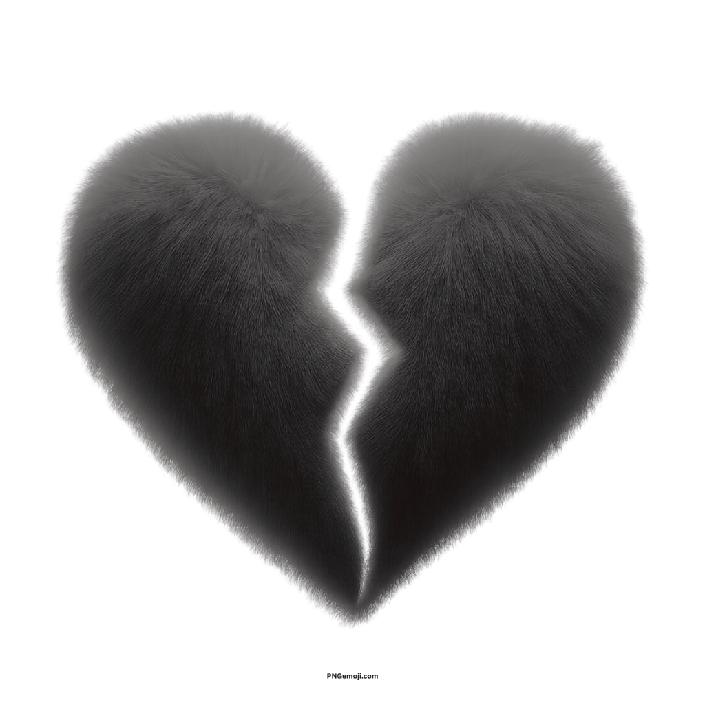 Fluffy black broken heart emoji symbol representing sadness, heartbreak, and emotional pain