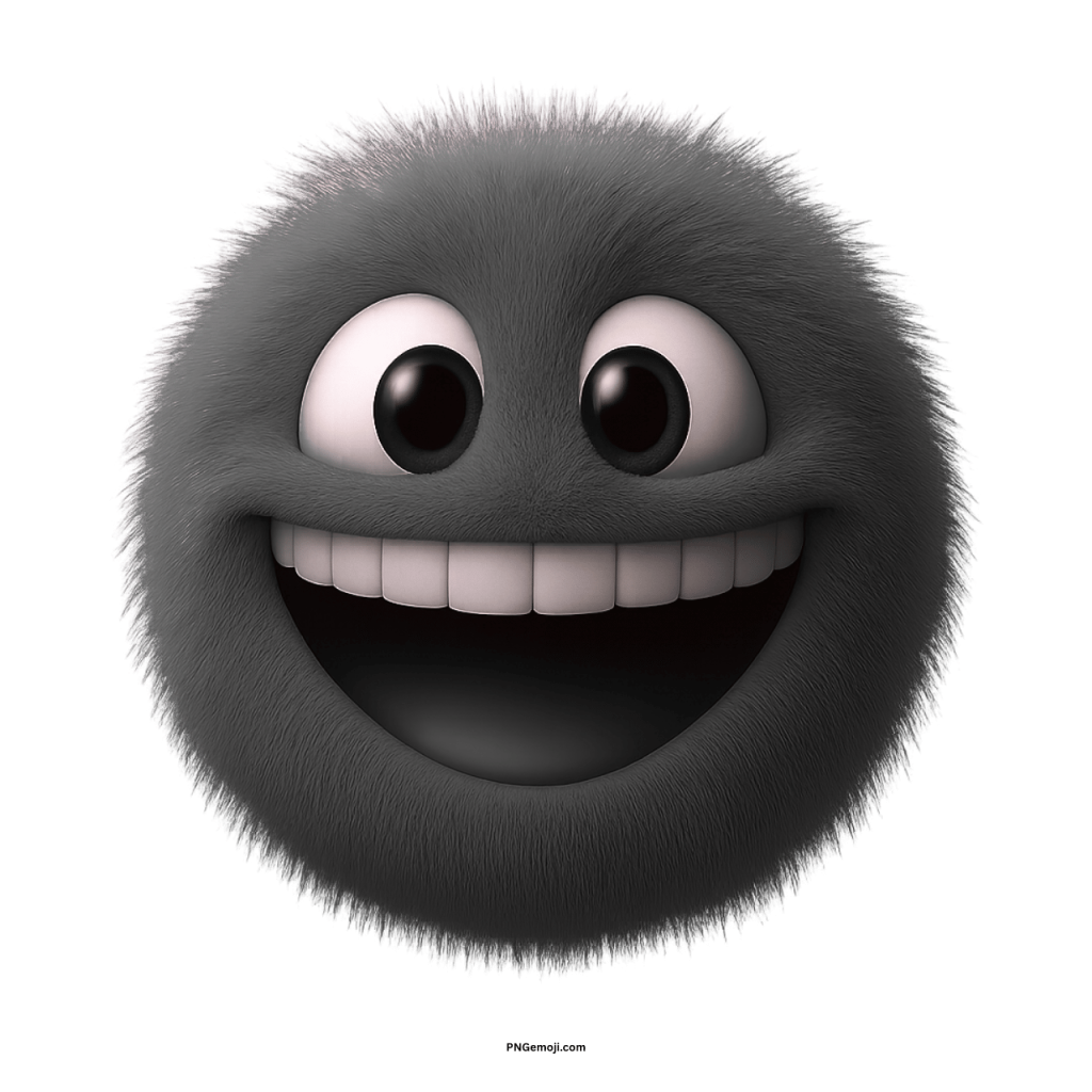 Cute fluffy black emoji with wide smile and joyful eyes expressing happiness.