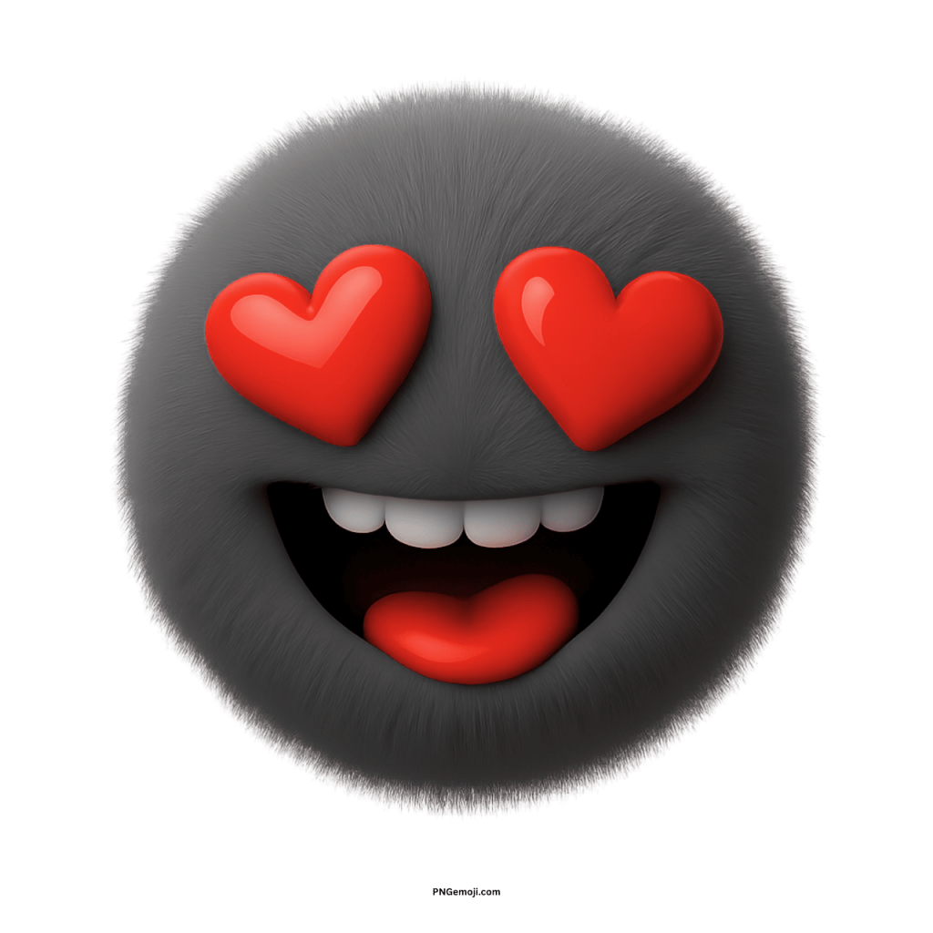 Fluffy black emoji with red heart eyes, wide smile, and playful love expression