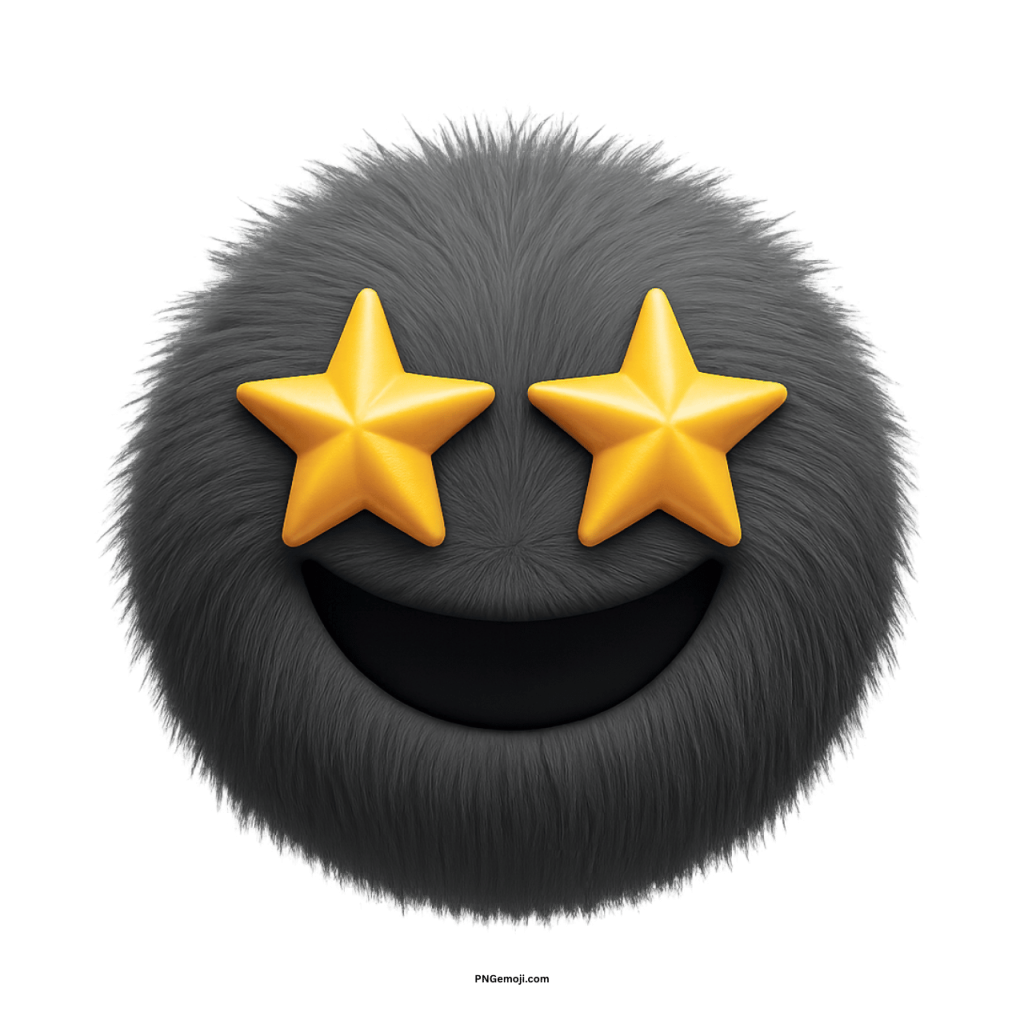 Fluffy black emoji with golden star eyes and wide smiling mouth
