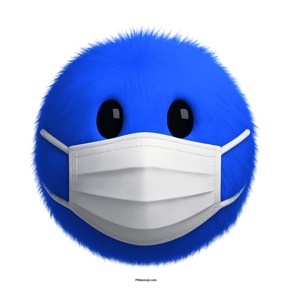 Fluffy blue emoji wearing white medical face mask on transparent background for health and safety graphics