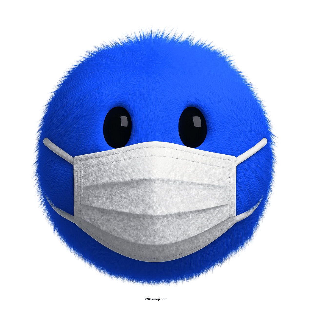 Fluffy blue emoji wearing white medical face mask on transparent background for health and safety graphics