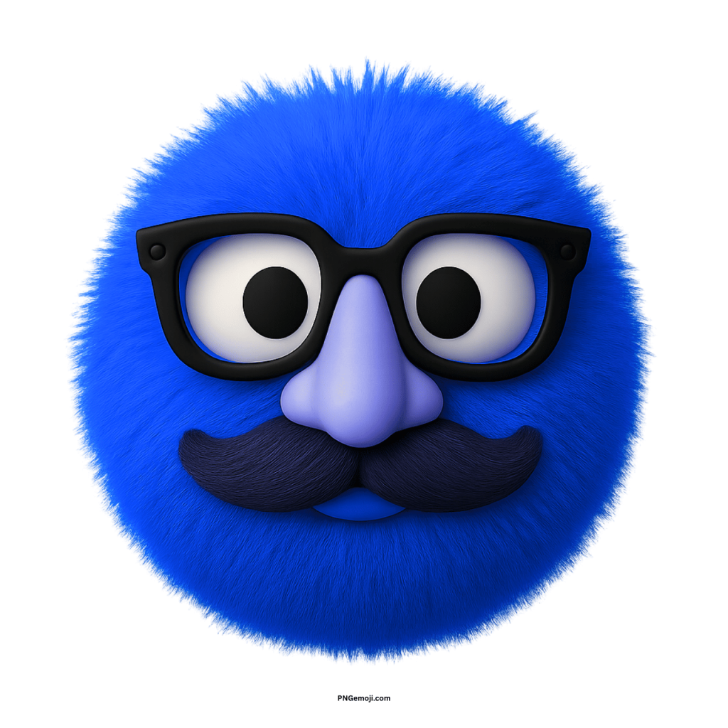 Funny fluffy blue emoji wearing glasses, mustache, and big nose disguise.