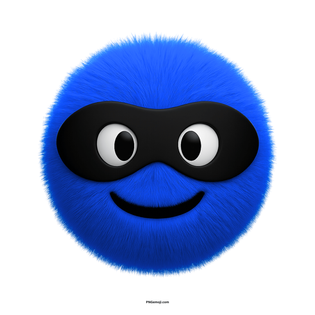 Fluffy blue emoji with black mask and smiling face on transparent background for creative designs