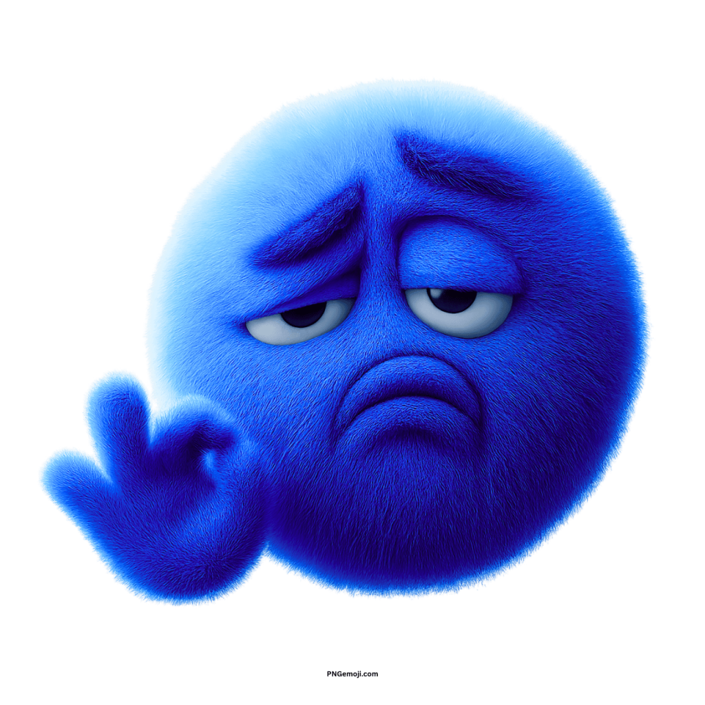 Fluffy blue sad emoji with disappointed face and raised hand