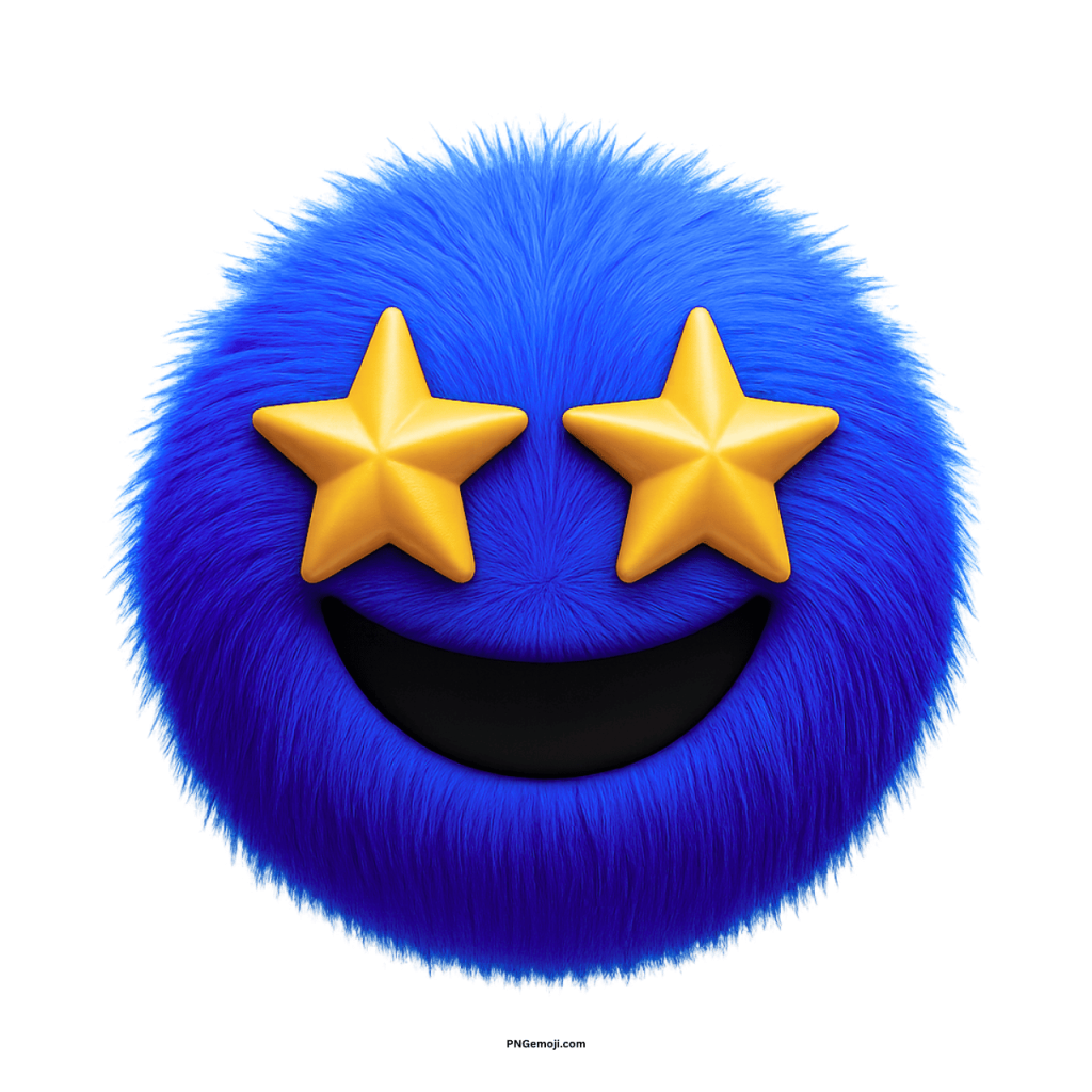 Cute fluffy blue emoji with yellow star eyes and a wide smiling face