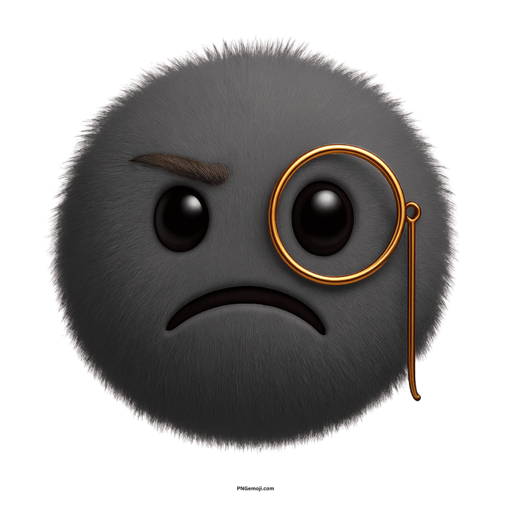 Fluffy gray emoji with monocle and serious expression on transparent background for creative projects