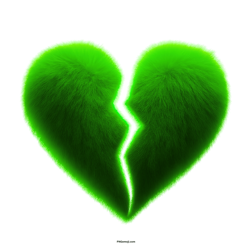 Fluffy green broken heart emoji with neon glow, transparent background for design and graphics