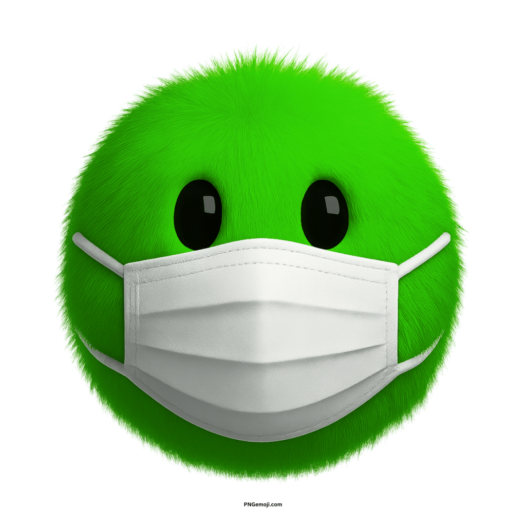 Fluffy green emoji with big black eyes wearing a protective white medical face mask