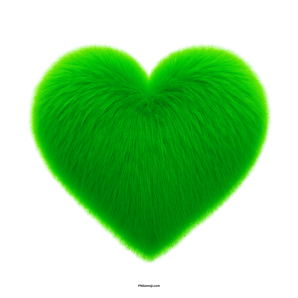 Fluffy green heart emoji with bright neon glow on transparent background
