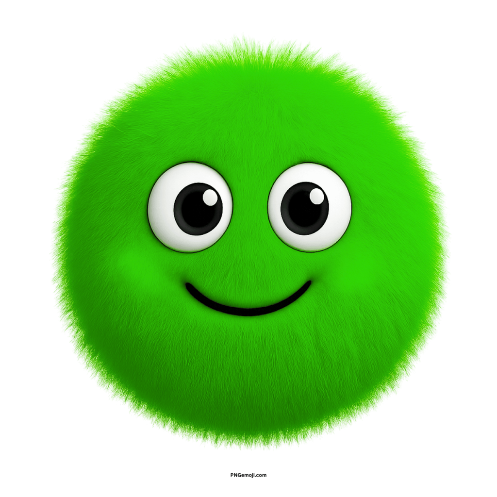 Fluffy green emoji with big eyes and small smile showing calm and friendly expression