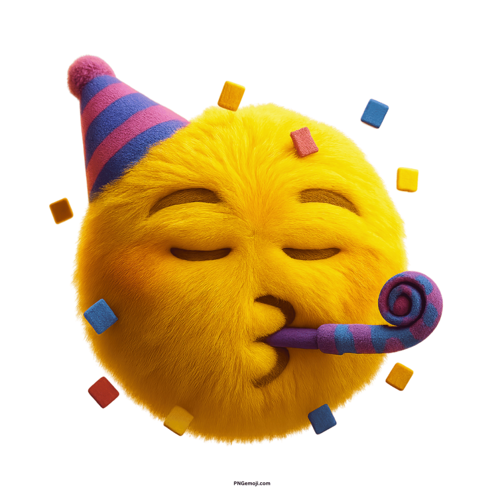 Fluffy yellow party emoji wearing hat and blowing party horn with confetti.