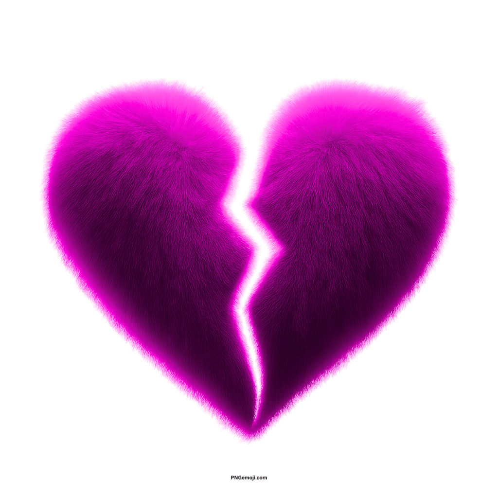 Fluffy purple broken heart emoji with neon pink glow on transparent background for design projects