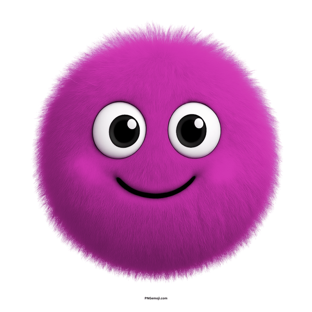Fluffy purple emoji with big round eyes and friendly smiling happy face