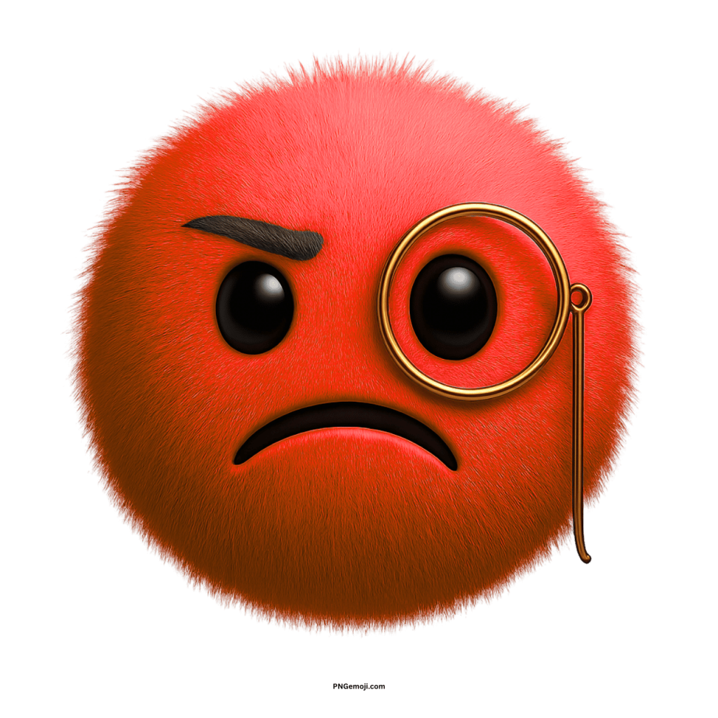 Fluffy red angry emoji with monocle and frowning face showing frustration and seriousness