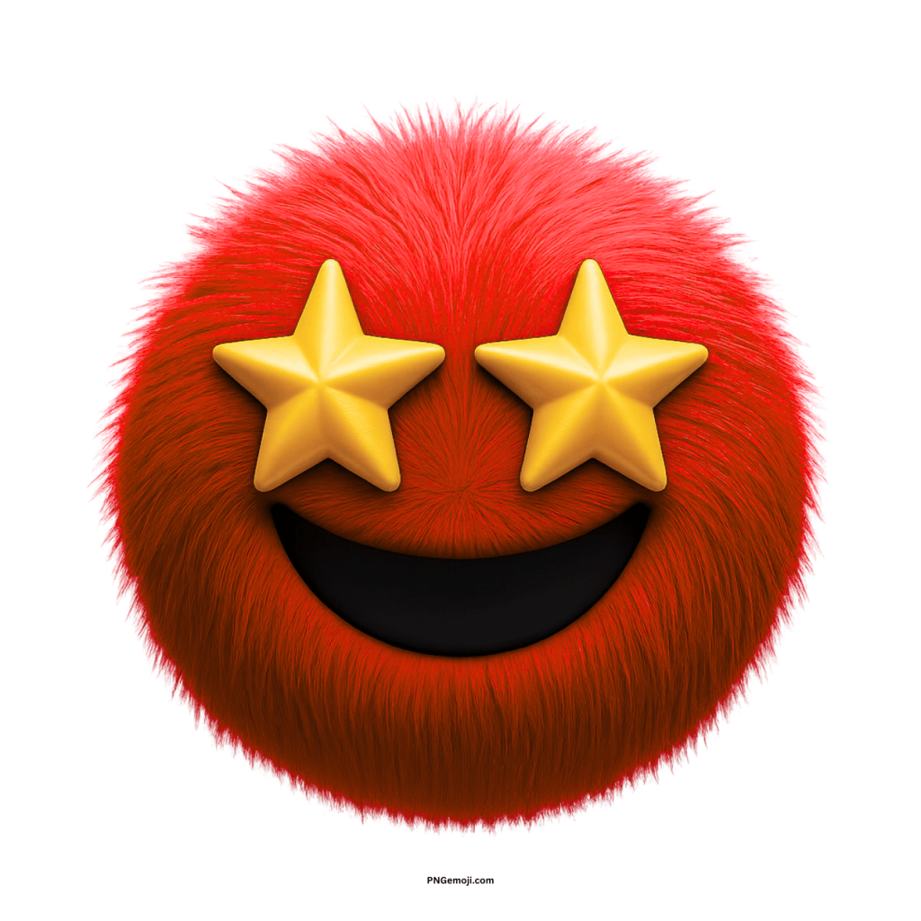 Fluffy red emoji with star eyes and big smile on transparent background for creative designs