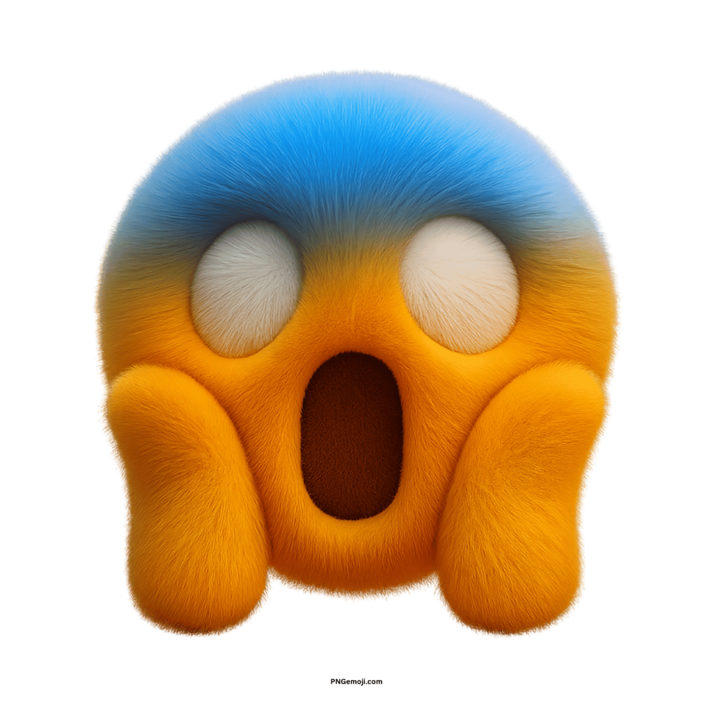 Fluffy shocked emoji with wide open mouth and hands on face showing fear and surprise