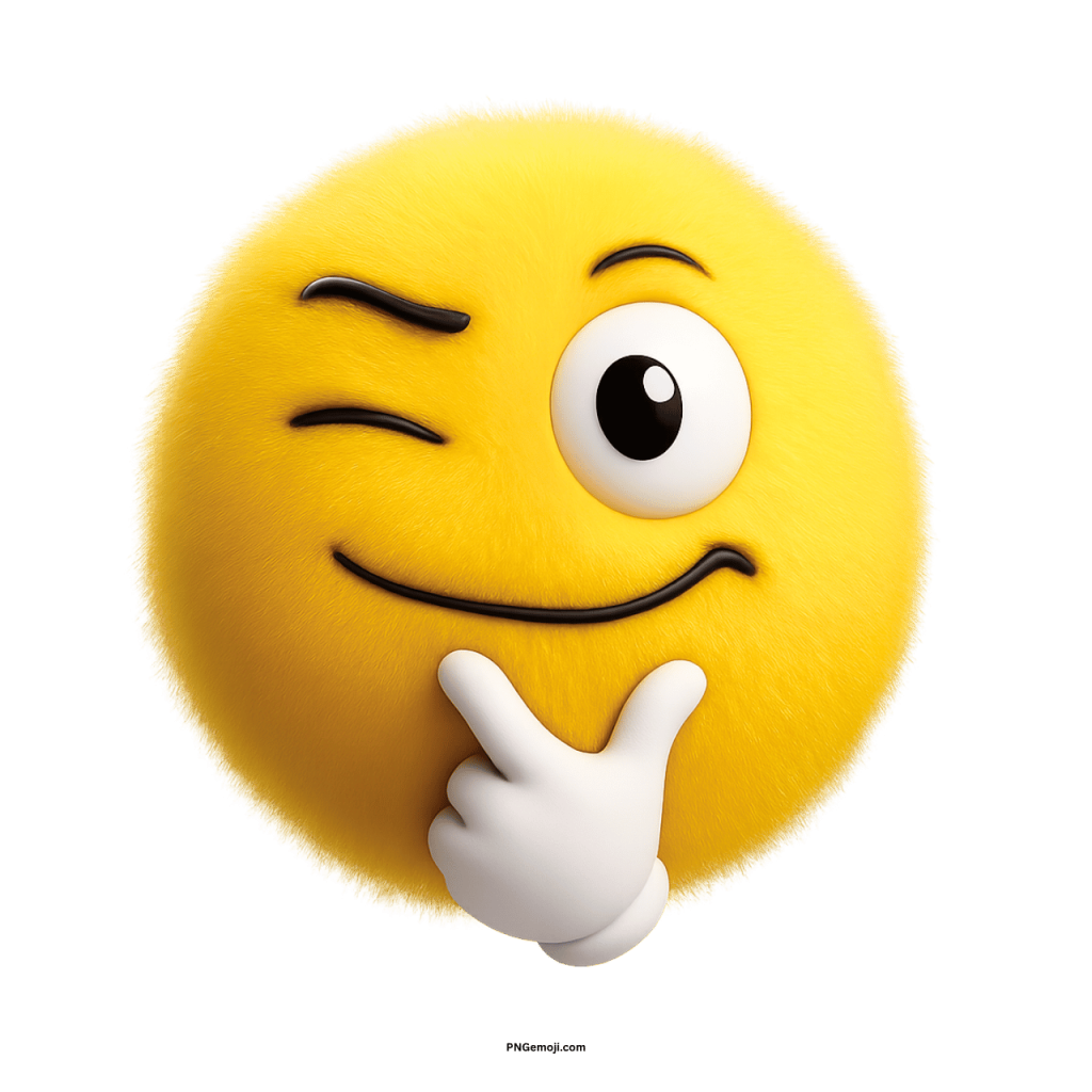 Cute fluffy yellow emoji winking with thoughtful expression and hand on chin.