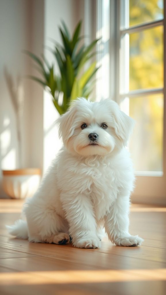 Fluffy white Bolognese dog sitting on wooden floor near window with soft natural light