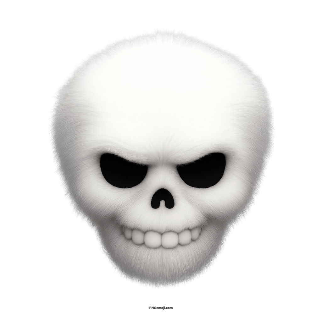 Fluffy white skull emoji with dark eyes and creepy grin showing scary expression