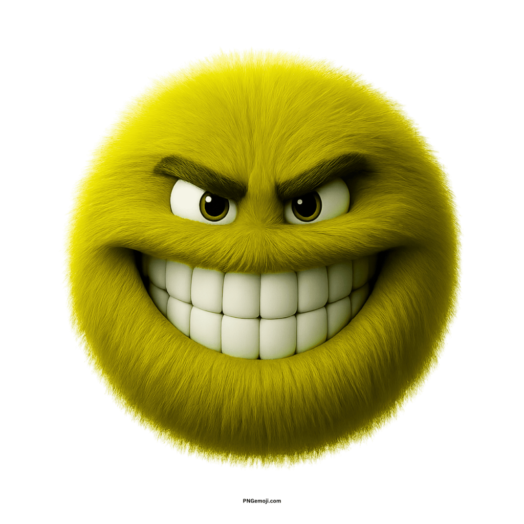 Fluffy yellow emoji with mischievous grin, big teeth and raised eyebrows