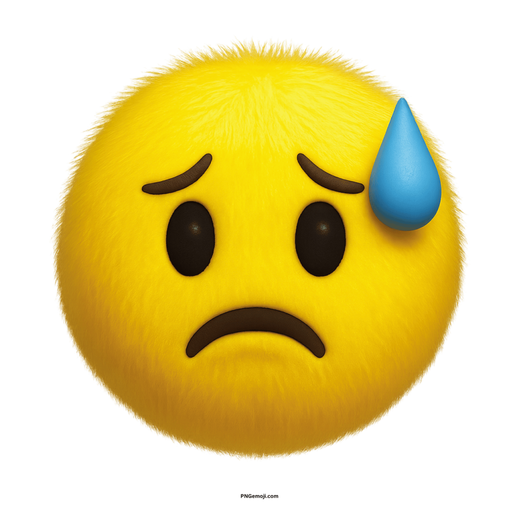 Fluffy yellow emoji with sweat drop and worried sad face showing stress and anxiety