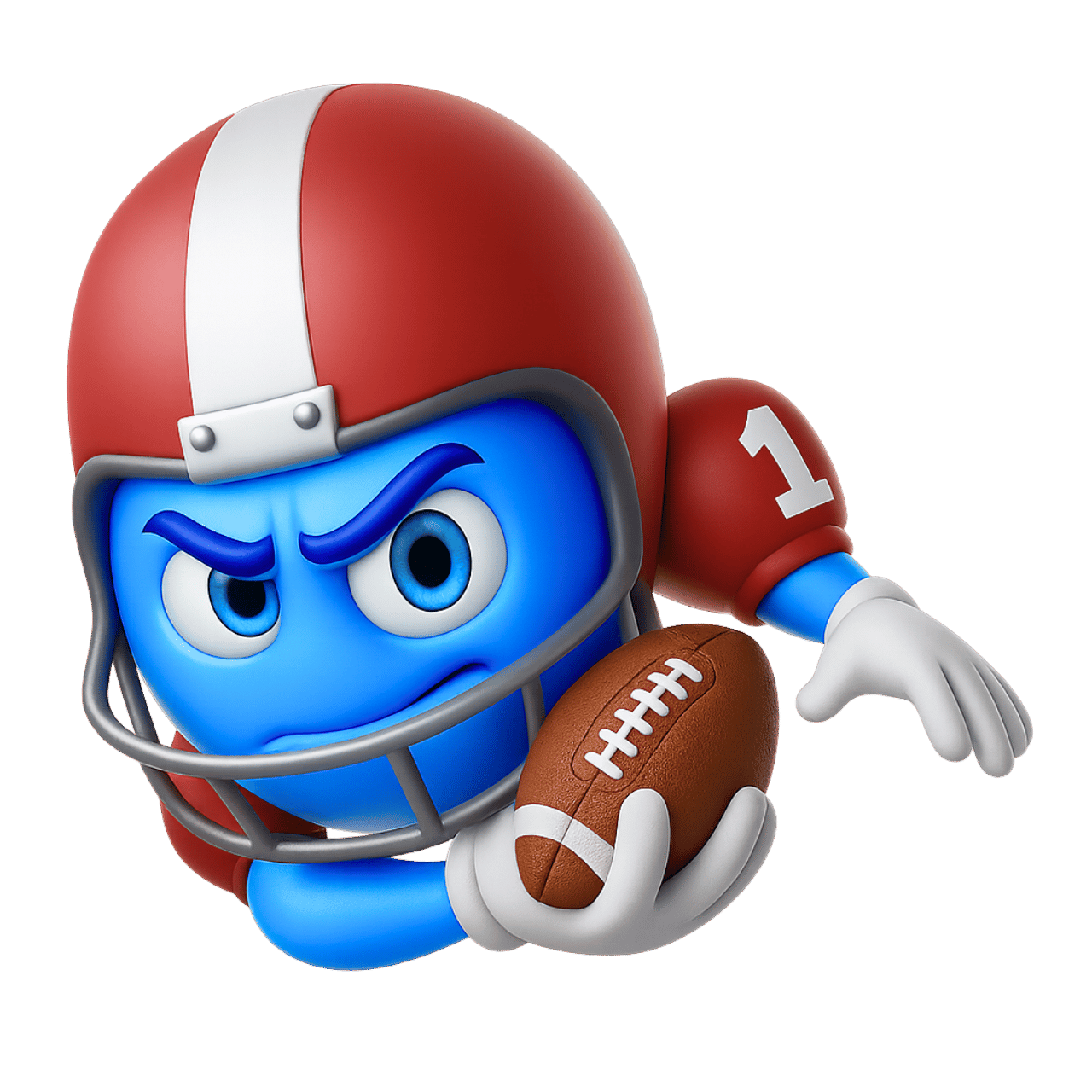 Blue football smiley emoji in red helmet holding ball with determined expression