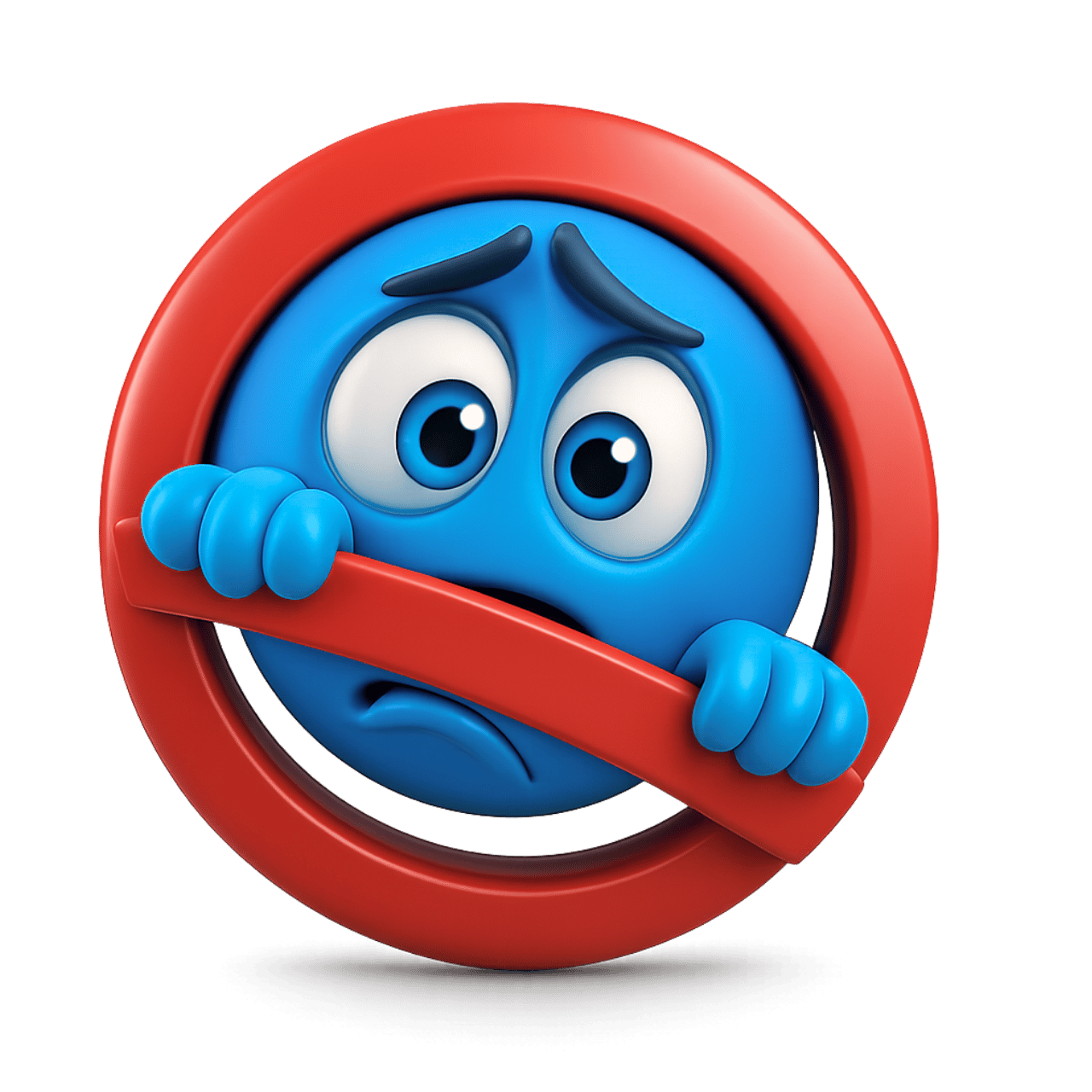 Sad forbidden emoticon emoji with blue face inside red prohibition warning circle