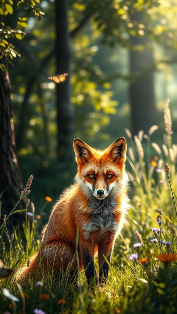 A vibrant and realistic fox in its natural habitat, captured during a golden hour in the forest.