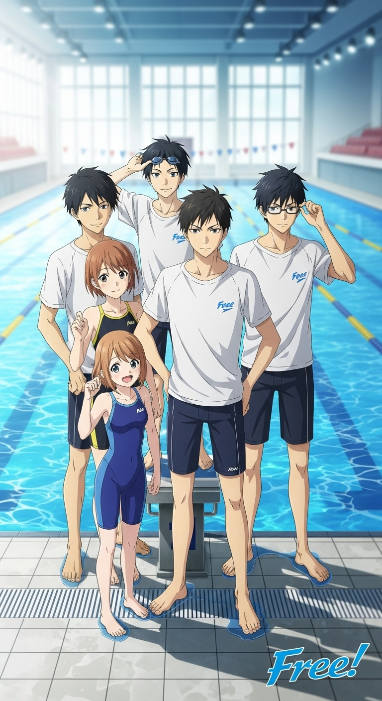 Free anime wallpaper featuring swimming team members in high-quality HD pool background