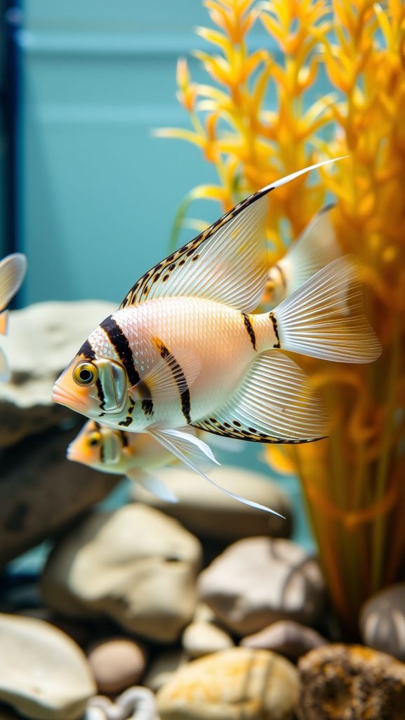 Close-up of freshwater angelfish with striped fins swimming gracefully in aquarium environment
