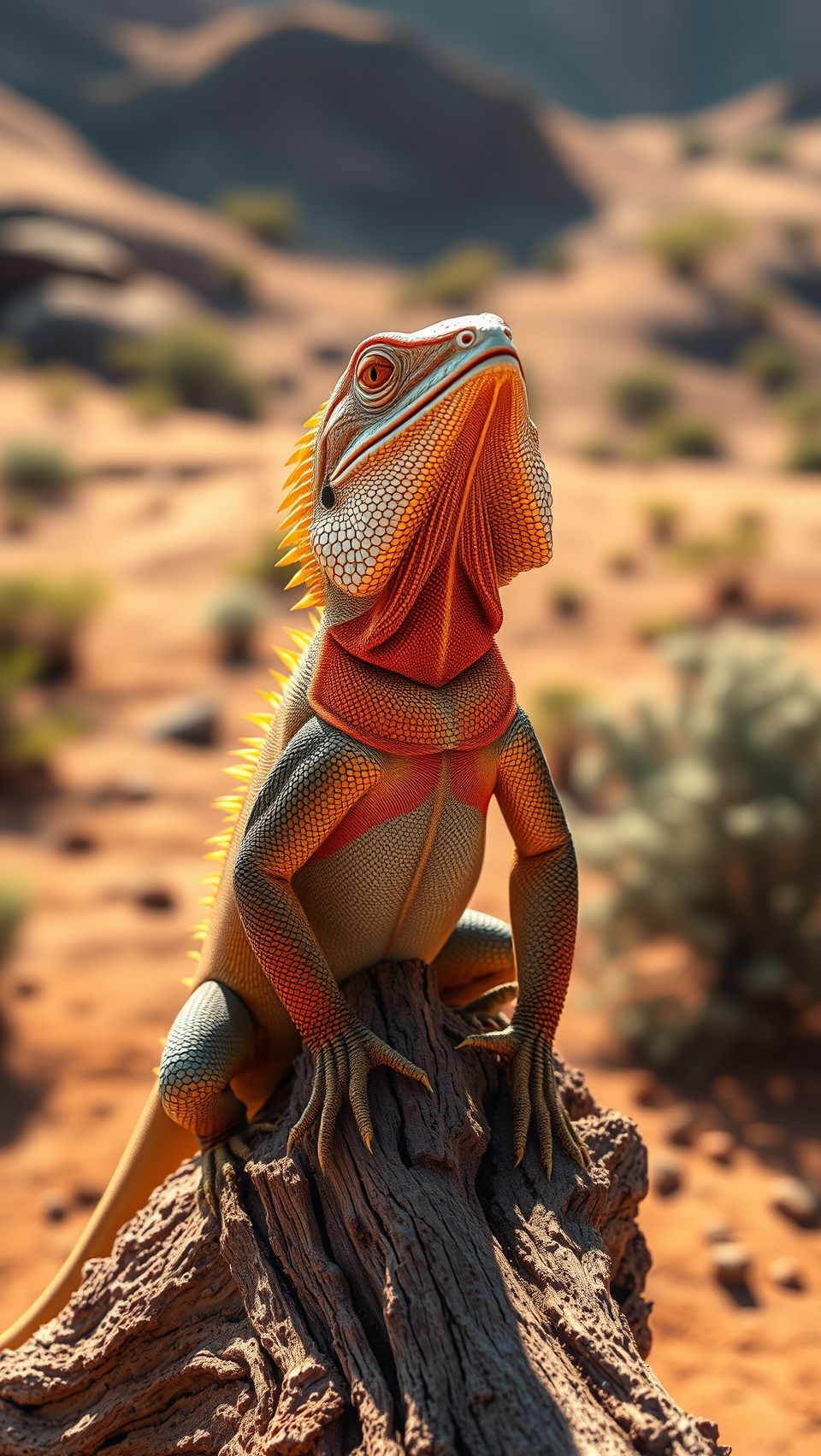 Close-up frilled-neck lizard in desert with vibrant orange scales and textured frill