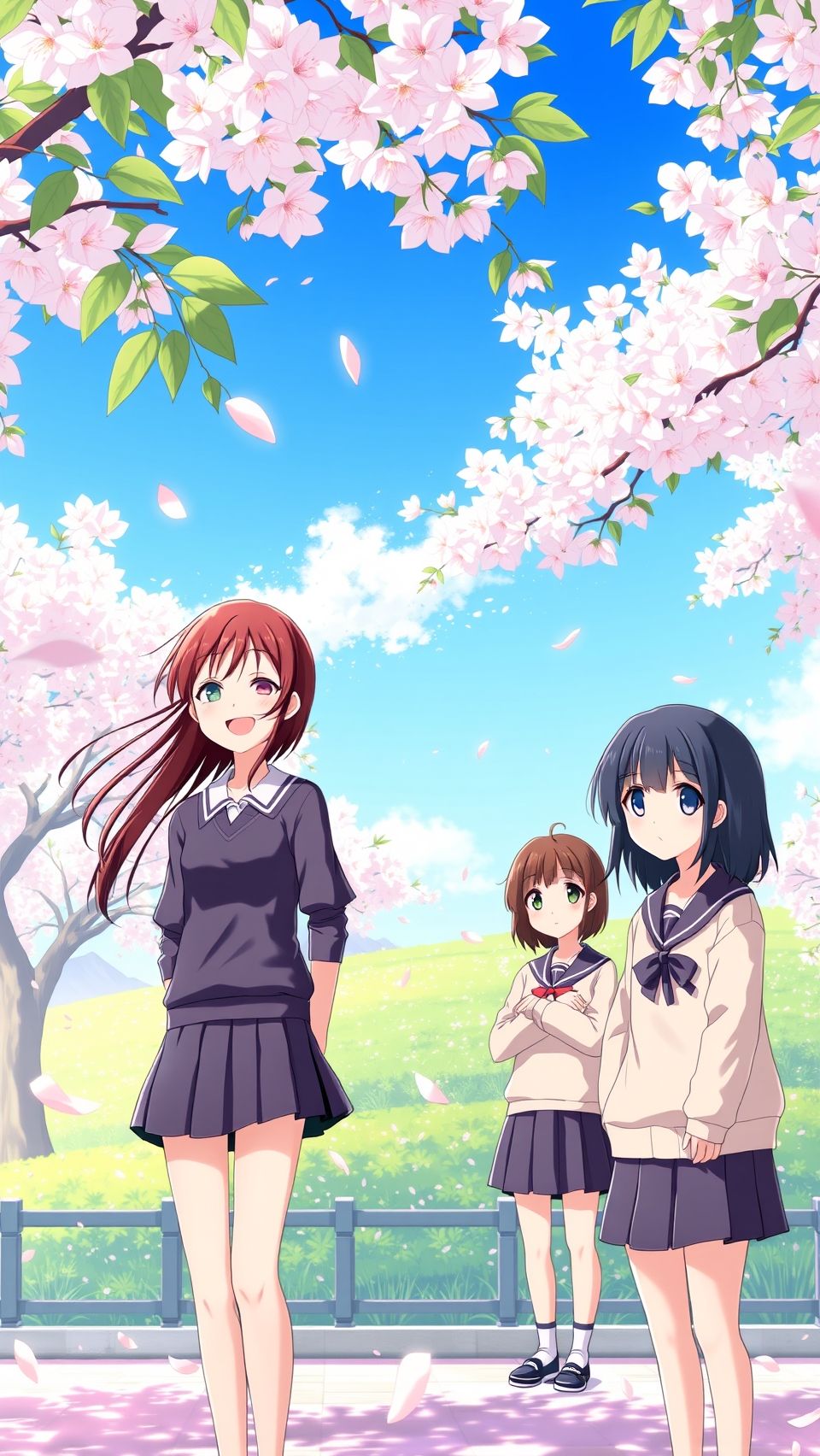 Fruits Basket anime wallpaper with school girls under cherry blossom trees in spring