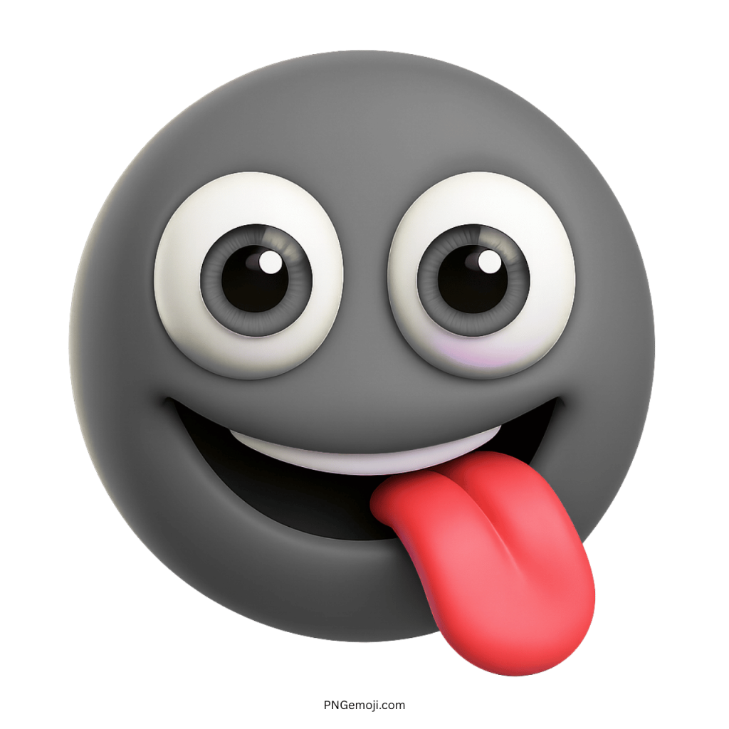 Funny black emoji face sticking tongue out in playful cartoon 3D style