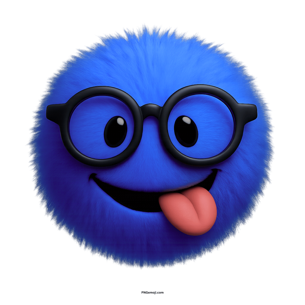 Cute blue emoji face wearing glasses with tongue out, playful and funny expression