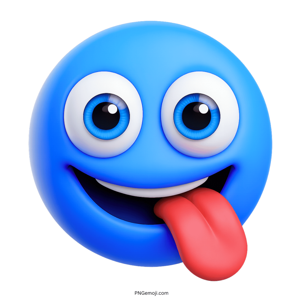 Funny blue emoji face sticking tongue out in playful cartoon 3D style