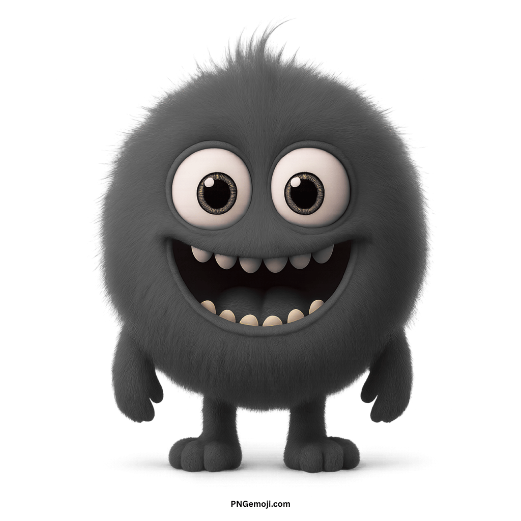 Cute gray furry monster emoji with wide smile and big cartoon eyes PNG