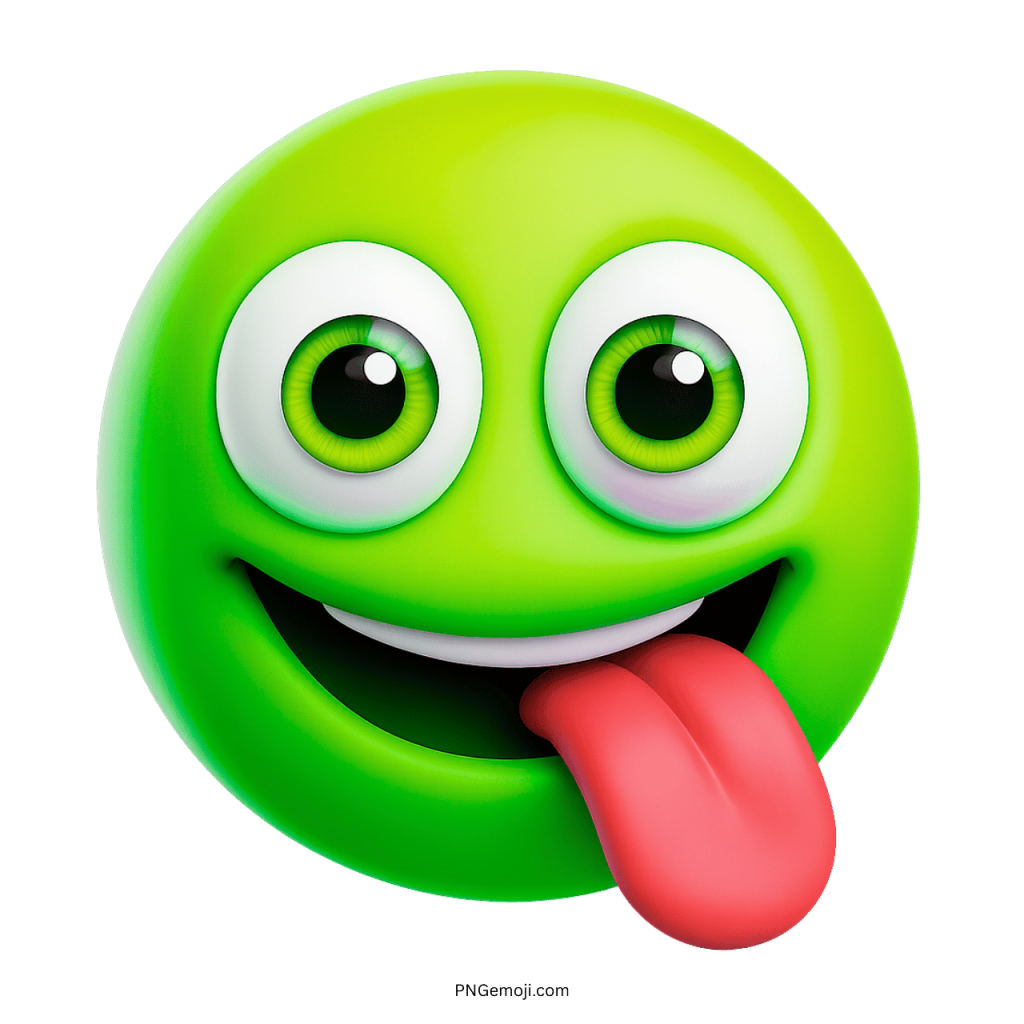 Funny green emoji face sticking tongue out in playful cartoon 3D style