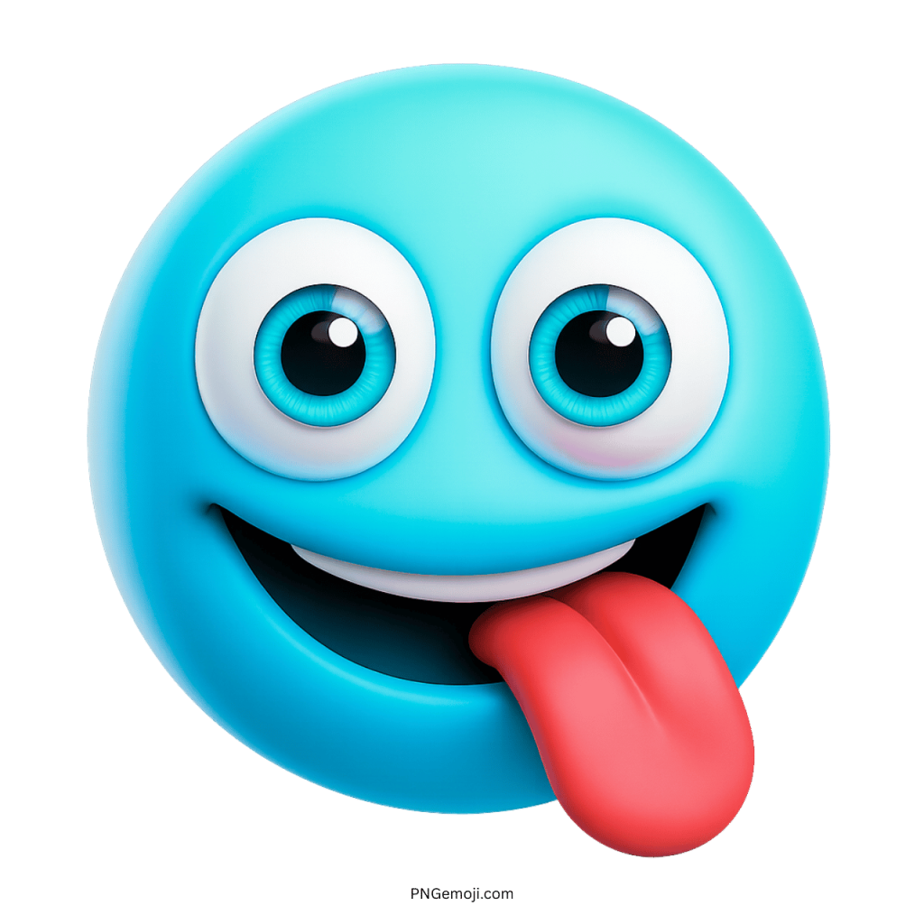 Funny light blue emoji face sticking tongue out in playful cartoon 3D style