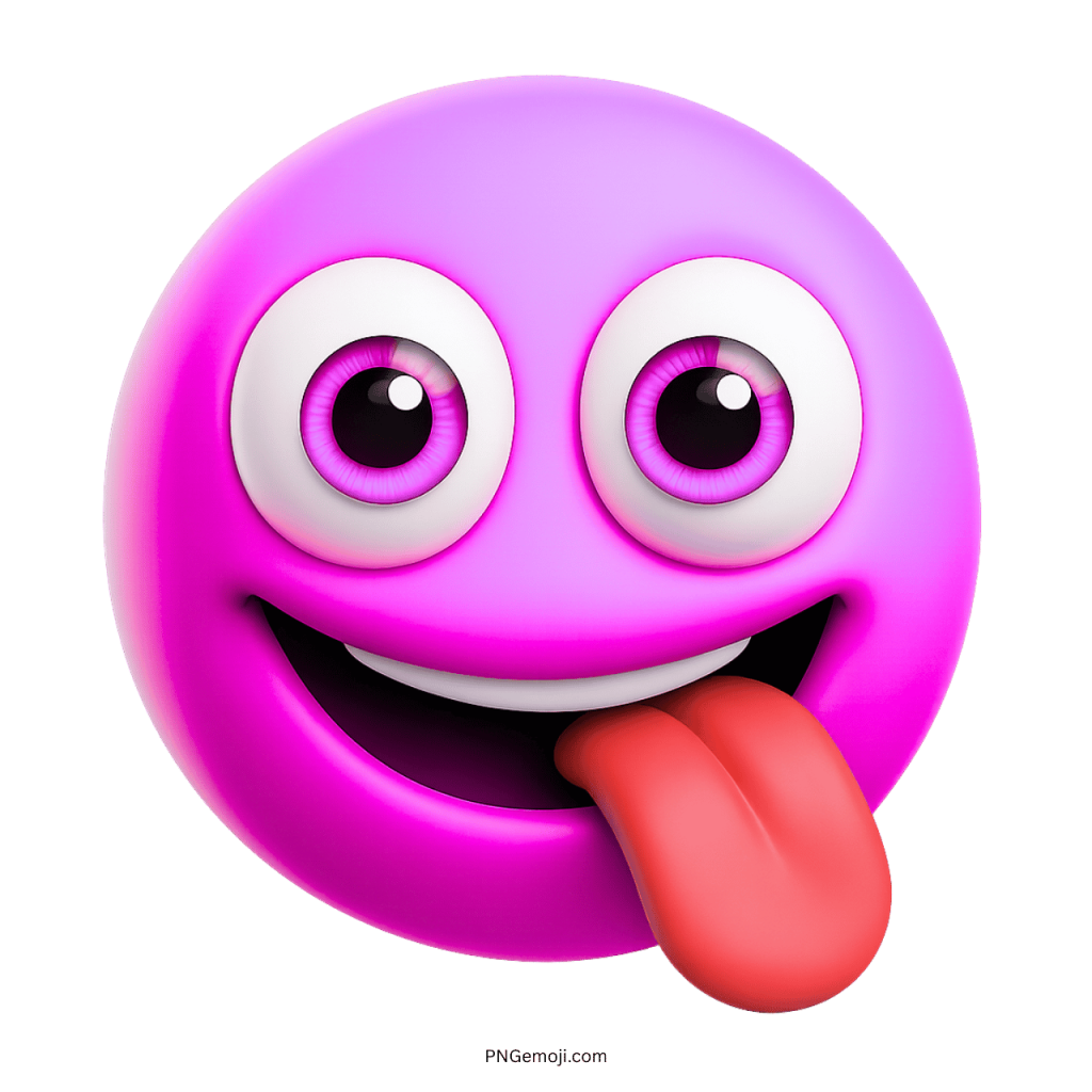 Funny pink emoji face sticking tongue out in playful cartoon 3D style