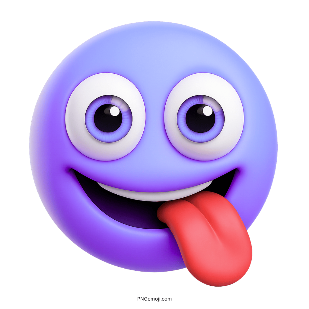 3D purple smiley face emoji sticking tongue out in a playful way