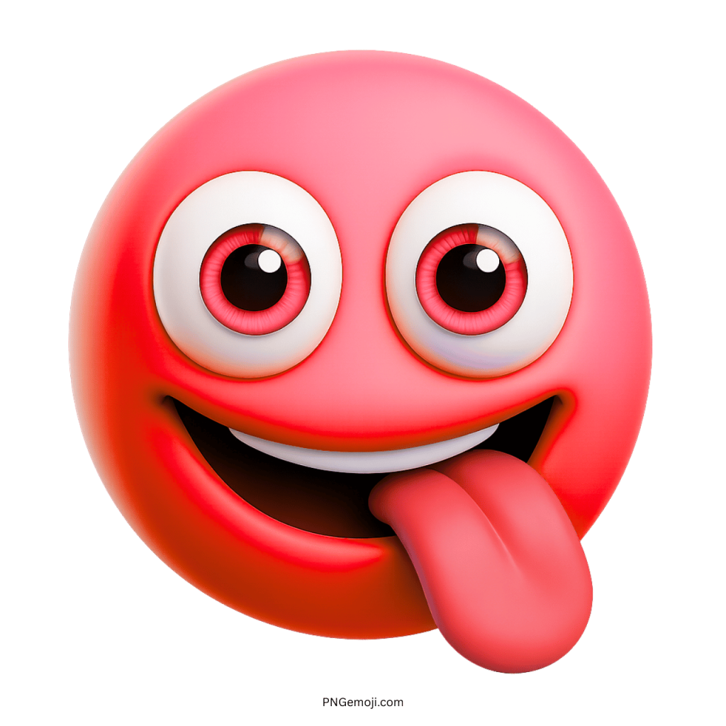 Funny red emoji face sticking tongue out in playful cartoon 3D style