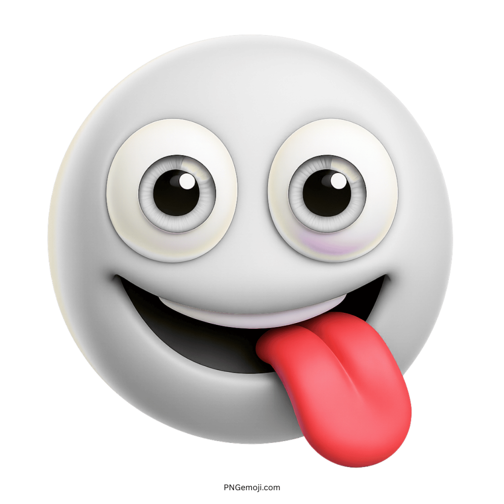 Funny white emoji face sticking tongue out in playful cartoon 3D style